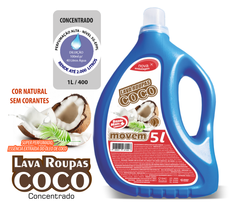 1098 - Sabão Lava Roupas Coco Movem 05 Litros - PNG